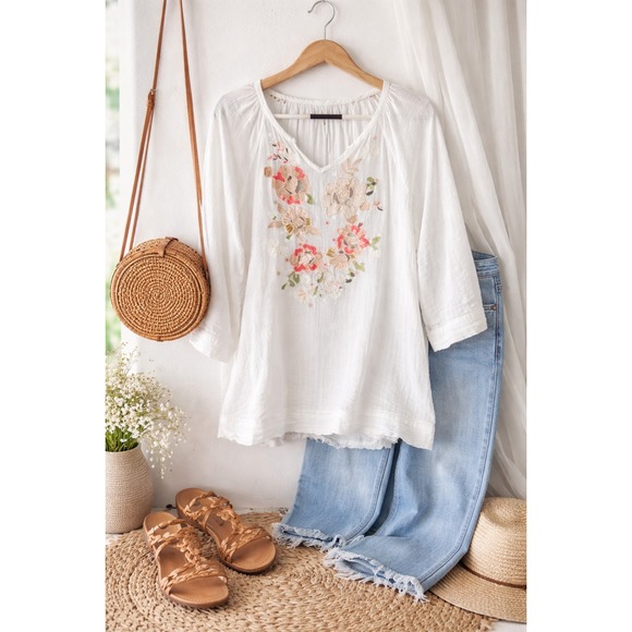Anthropologie Tops - White Embroidered Peasant Blouse | Boho Floral Tunic Top Size Medium
